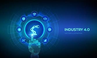 Smart Industry 4.0 concept. Factory automation. Autonomous industrial technology. Industrial revolutions steps. Robotic hand touching digital interface. vector