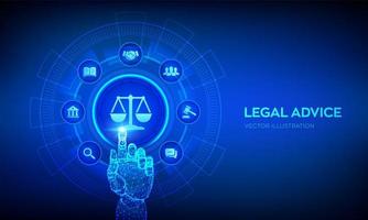 Labor law, Lawyer, Attorney at law, Legal advice concept on virtual screen. Internet law and cyberlaw as digital legal services or online lawyer advice. Robotic hand touching digital interface.