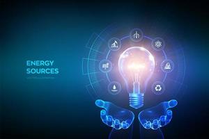 Glowing light bulb with energy resources icons in hands. Electricity and energy saving concept. Energy sources. Campaigning for ecological friendly and sustainable environment. vector