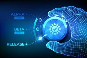 Software testing engineering concept. Alpha Beta Release testing. Wireframe hand turning a test process knob and selecting Release product mode. Software or app development phases. vector