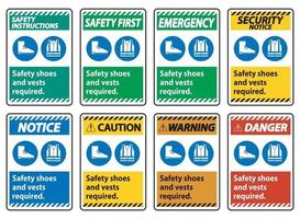 Se requieren zapatos y chaleco de seguridad con símbolos de ppe sobre fondo blanco. vector