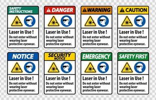 Advertencia etiqueta de seguridad de ppe, láser en uso no ingrese sin usar gafas protectoras contra láser vector