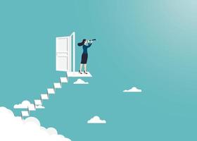 Businesswoman holding telescope standing on to the ladder open the door up go to success in career vector