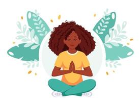 mujer afroamericana meditando en posición de loto. estilo de vida saludable, yoga, relajarse vector