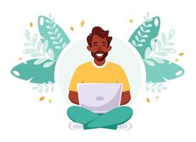 Black man working on laptop. Freelancer, remote work, home office concept. vector