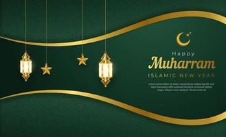 Green and gold Islamic new year ornamental background, happy Muharram, realistic lantern, vector illustration.