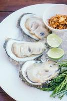 Oyster shell with spicy sauce photo