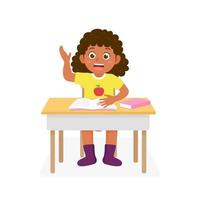 Kindergarten student writes and reads a book while learning in the classroom. Concept vector illustration for education and back to school of children isolated on white background.