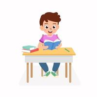 Kindergarten student writes and reads a book while learning in the classroom. Concept vector illustration for education and back to school of children isolated on white background.