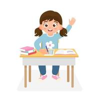 Kindergarten student writes and reads a book while learning in the classroom. Concept vector illustration for education and back to school of children isolated on white background.