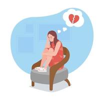 Upset girl sit alone with broken heart 2D vector isolated illustration