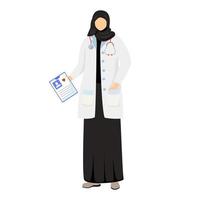 Ilustración de vector plano de doctora árabe. mujer saudita en bata blanca médica e hijab. médico musulmán, médico de cabecera. médico árabe, terapeuta personaje de dibujos animados aislado en blanco