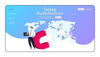 Sales automation landing page flat color vector template. Magnet attracts clients homepage layout. CRM system one page website interface with cartoon character. Man keeps laptop web banner, webpage