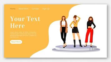 Runway models looks landing page flat color vector template. Fashion designers clothes homepage layout. Trendy outfits one page website interface with cartoon illustration. Catwalk web banner, webpage