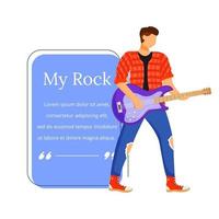 Guitarist flat color vector illustration. Guitar player. Rock musician. Isolated cartoon character. Quote blank frame template. Rectangular blue speech bubble. Quotation, citation text box design.