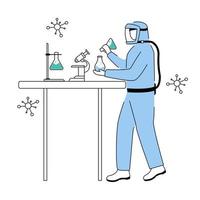 Scientist in protective suit flat contour vector illustration. Conducting dangerous experiment simple drawing. Man works with chemicals isolated cartoon outline character on white background