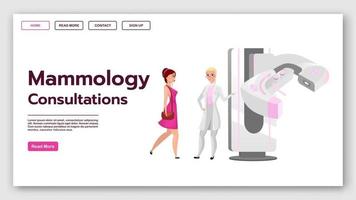 Mammology consultations landing page vector template. Female breast screening test website interface idea with flat illustrations. Mammography homepage layout. Web banner, webpage cartoon concept