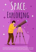 Space exploring poster vector template. Boy with telescope. Astronomy practice. Brochure, cover, booklet page concept design with flat illustrations. Advertising flyer, leaflet, banner layout idea