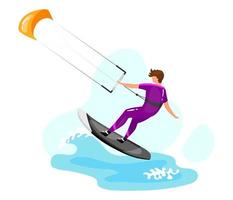 Kitesurfing flat vector illustration. Extreme sports experience. Active lifestyle. Summer vacation outdoor activities. Ocean turquoise waves. Sportsman isolated cartoon character on blue background