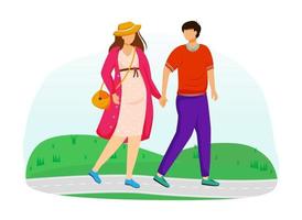 Pregnant lady and husband walk in park flat vector illustration. Young family preparing for parenthood. Strolling couple waiting of baby isolated cartoon characters on white background