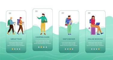 Plantilla de vector de pantalla de aplicación móvil de incorporación de turismo de presupuesto. guía de camping y verificador de mapas. tour en grupo. paso a paso del sitio web con caracteres planos. concepto de interfaz de dibujos animados de smartphone ux, ui, gui