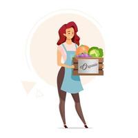 Woman holding box of organic vegetables flat color vector illustration. Female farmer. Farming. Healthy food seller. Supply store. Grocery retailing. Isolated cartoon character on white