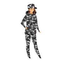 Ilustración de vector de color plano de soldado femenino. persona en ropa de abrigo de camuflaje. mujer en uniforme de estilo militar. prenda de estilo de supervivencia. Expedicionario personaje de dibujos animados aislado sobre fondo blanco.