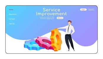 Service improvement landing page flat color vector template. Man reclining to cogwheel homepage layout. Software settings one page website interface with cartoon character. CRM web banner, webpage