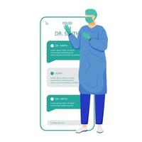 Online chat with surgeon smartphone app screen. Remote doctor consultation. Ask medical specialist. Mobile phone displays with cartoon characters mockup. Telemedicine application telephone interface vector