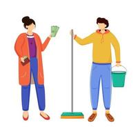 Earning money for travelling flat vector illustration. Getting ready for a trip. Working as cleaner. Work for student, youth. Voyage preparation isolated cartoon character on white background