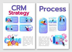 CRM strategy, process flat vector brochure template. Sales goals. Flyer, booklet, printable leaflet design. Current systems. Magazine page, cartoon annual reports, infographic posters with text space