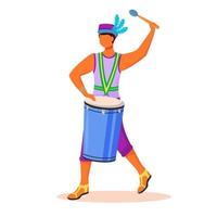 Carnaval de Brasil baterista de color plano vector personaje sin rostro. hombre latino en camiseta y sombrero. samba. chico tocando conga por baqueta aislado ilustración de dibujos animados para diseño gráfico web y animación