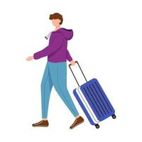 Boy tourist with suitcase flat vector illustration. Man going on trip. Getting ready for journey. Budget tourism. Travelling abroad isolated cartoon outline character on white background