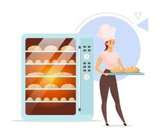 Bakery flat color vector illustration. Female baker next to oven. Baked products. Bread production. Bake shop. Food industry. Woman in chef hat. Isolated cartoon character on white background