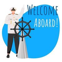 Welcome aboard social media post mockup. Ship captain on deck. Advertising web banner design template. Social media booster, content layout. Promotion poster, print ads with flat illustrations vector