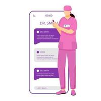 Pantalla de aplicación de vector de teléfono inteligente de telemedicina. consulta online con ginecólogo. pantallas de teléfonos móviles con maquetas de diseño de personajes de dibujos animados. interfaz de teléfono de aplicación de cita médica remota