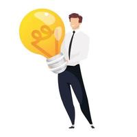 Idea generation flat concept vector illustration. Man holding light bulb 2D cartoon character for web design. Smiling businessman. CRM system. Inventive thinking, brainstorming creative idea