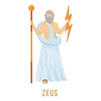Ilustración de vector plano de Zeus. deidad griega antigua. dios del cielo, truenos y relámpagos. rey, gobernante del olimpo. mitología. figura mitológica divina. personaje de dibujos animados aislado sobre fondo blanco