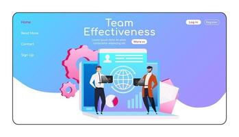 Team effectiveness landing page flat color vector template. Smiling employees homepage layout. Collaboration one page website interface with cartoon character. Partnership web banner, webpage