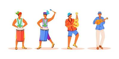 Conjunto de caracteres sin rostro de vector de color plano de músicos de carnaval de Brasil. hombres latinos tocando instrumentos musicales tradicionales. machos de pie ilustraciones de dibujos animados aislados sobre fondo blanco