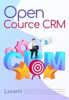 Open source CRM poster flat vector template. Company customization. Brochure, booklet one page concept design with cartoon characters. Arrow in target. Smiling man sitting on word flyer, leaflet