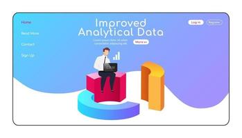 Improved analytical data landing page flat color vector template. Man sitting on diagram homepage layout. CRM one page website interface with cartoon character. Info analyzing web banner, webpage