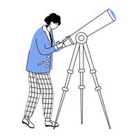 Astronomer flat contour vector illustration. Observing stars, sky. Scientist discovering space simple drawing. Man with telescope isolated cartoon outline character on white background