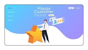 Happy customer landing page flat color vector template. Businessman reclining on star homepage layout. Good reviews one page website interface, cartoon character. Client service web banner, webpage