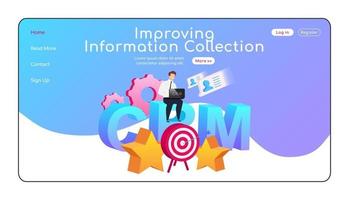 Improving information collection landing page flat color vector template. Man sitting on word homepage layout. CRM one page website interface with cartoon character. Getting data web banner, webpage