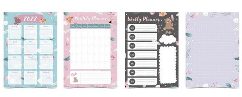 Cute 2022 table calendar week start on Sunday with bear cub that use for vertical digital and printable A4 A5 size vector