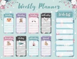 Weekly planner start on Sunday with bear cub,fox,wild,to do list that use for vertical digital and printable A4 A5 size vector