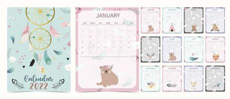 Cute 2022 table calendar week start on Sunday with bear cub that use for vertical digital and printable A4 A5 size