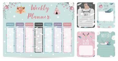 Weekly planner start on Sunday with bear cub,fox,wild,to do list that use for vertical digital and printable A4 A5 size vector