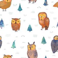 Vector seamless pattern with hand draw illustrations of cute owls in forest. Can be used for wallpaper, pattern fills, web page, surface textures, textile print, wrapping paper